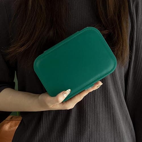 Hatori Travel Jewelry Box, PU Leather Small Jewelry Organizer for Women Girls, Double Layer Portable Mini Travel Case Display Storage Holder Boxes for Stud Earrings, Rings (Ink Green) thumbnail 6