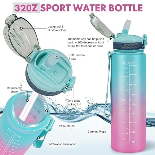 SEASEVEN 1L Water Bottle with Straw,Plastic Drinks Bottle,1 Litre Sports Water Bottles with Time Markings,Girls Boys Waterbottle Leak-Proof & Bpa-Free for Gym,Cycling, Office (Cyan-Pink) thumbnail 3