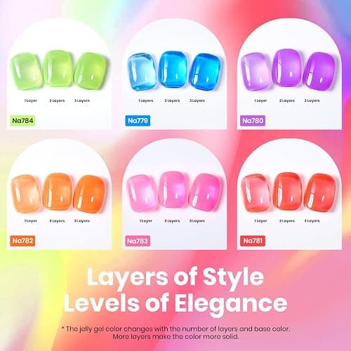 Beetles Jelly Gel Nail Polish Set, 6 Colors Hema Free Summer Neon Gel Polish Yellow Pink Red Blue Purple Orange 15ML Full Size Sheer Translucent Effect Soak Off UV Colorful Bottle Gel Gift for Women thumbnail 6