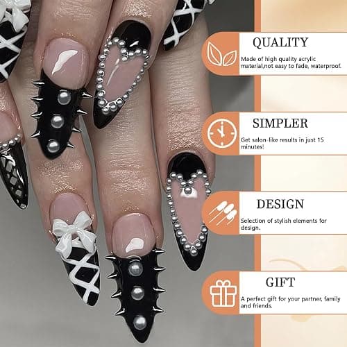 GlamRays 24 Stück Y2K Mittellange Almond Trage Press on Nails & False Nails, mit schwarzer breiter Französische Kanten, dekoriert mit Herzmuster und Legierungsperlen thumbnail 5