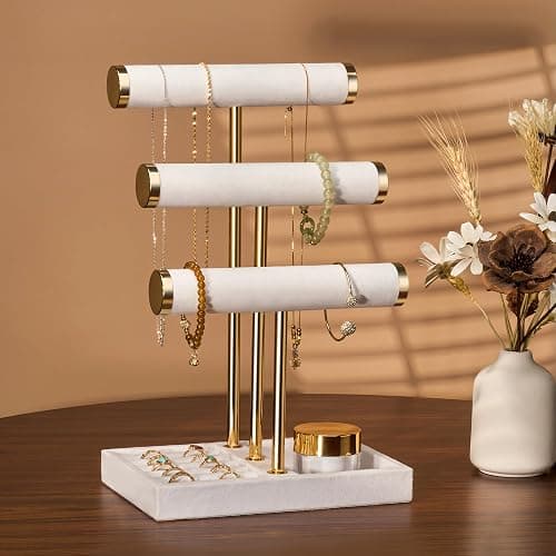 Josmimic 3 Tier Bracelet Holder Display - Detachable T Bar White Velvet Bracelet Holder, Jewelry Holder Organizer for Bracelet, Necklace, Watches, Rings thumbnail 4