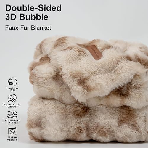 Luxury Double-Sided 3D Bubble Faux Fur Throw Blanket, Ultra Plush & Fluffy, Camel Cozy Blanket for Couch, Sofa, Bed - Soft Gift for Women, Birthday, Christmas, Housewarming, 50"x60" thumbnail 3