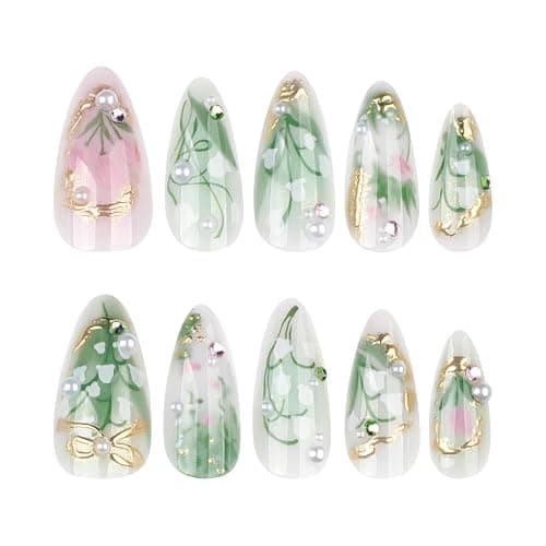 LBPEPAMZ Green Press on Nails Medium Almond Fake Nails with 3D Pearl Rhinestones Designs Gold French Tips Flower Acrylic Nails False Nails White Floral Full Cover Glossy Stick on Nails for Women 24Pcs thumbnail 4