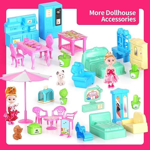 Pupu Pig Doll House Toys for Girls, Dollhouse with Glow in The Dark, Kids Doll House Playset with 4-Story 14 Play Areas, 2 Dolls, Toy Dogs, Dollhouse Accessories and Furniture, Princess Toy Gifts thumbnail 6