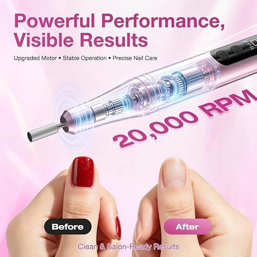 PYRYSA Cordless Electric Nail Drill File, Professional Nail Drill Machine for Acrylic Gel Dip Powder Polish, LED Display, Rechargeable Portable Manicure Pedicure Kit for Beginners Home & Salon, Pink thumbnail 5