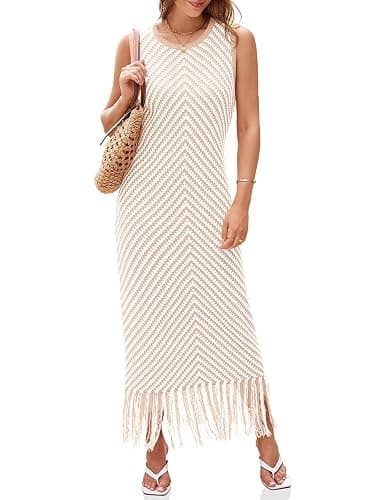 Wenrine Womens Summer Crochet Knit Dress Casual Striped Tassel Sleeveless Boho Maxi Dresses - Apricot - Small - Image 1
