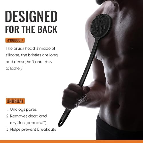Silicone Back Scrubber for Shower, 17in Lengthen Long Handle Body Brush, Double Sided Shower Brush for Shower Exfoliating and Massage Can Produce Rich Foam, Long Handle Back Scrubber for Men thumbnail 3