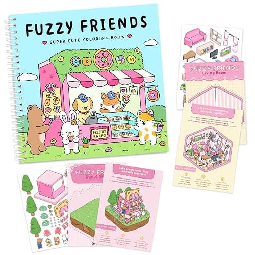 Fuzzy Friends Coloring Book with 2 Sets of Miniature Sticker Scenes for Adults & Teens - Image 1