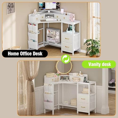 Espelism Corner Vanity Desk with Charging Station, 49.6" Makeup Table with Fabric Drawers & Side Pocket, Space-Saving Dressing Table for Small Space Bedroom Dorm(White) thumbnail 5