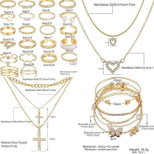 IFNODO 116Pieces Gold Plated Jewelry Set with 8 PCS Necklace, 22 PCS Bracelet, 66 PCS Stud Dangle Earring, 20 Pcs Knuckle Rings for Women Valentine Anniversary Friendship Gifts (GOLD SET) thumbnail 8