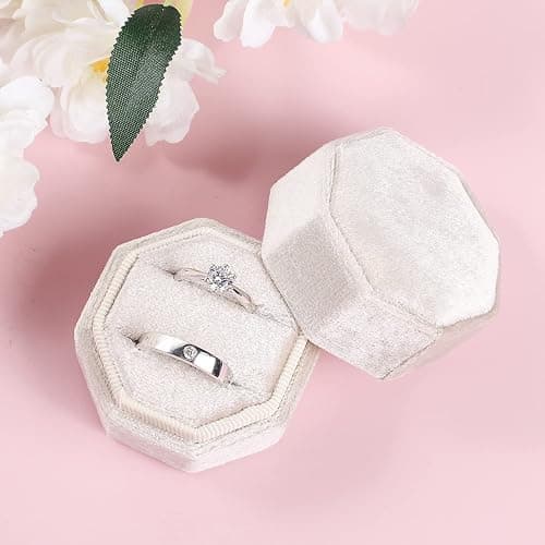 Velvet Ring Box, Etercycle Octagon Gorgeous Vintage Double Jewelry Ring Gift Box with Detachable Lid for Proposal Engagement Wedding Ceremony (Beige) thumbnail 2