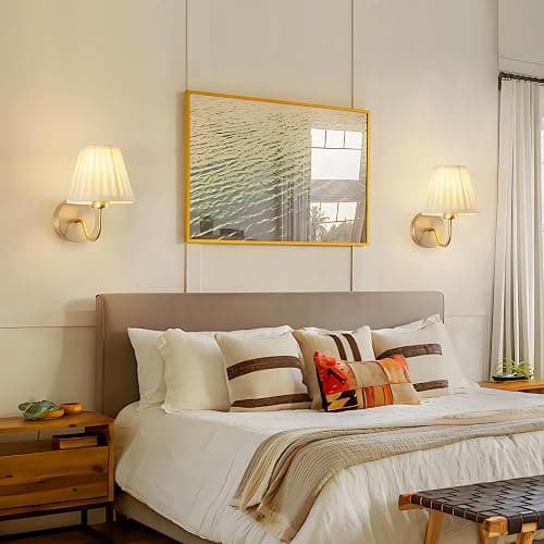 Vintage Battery Operated Wall Sconces Set of 2, Pleated Fabric Shade Gold Wall Lamp with Remote Control, Cordless Rechargeable Wall Sconces Fixtures for Bedroom, Living Room, Beside (2 Bulbs Included) thumbnail 8