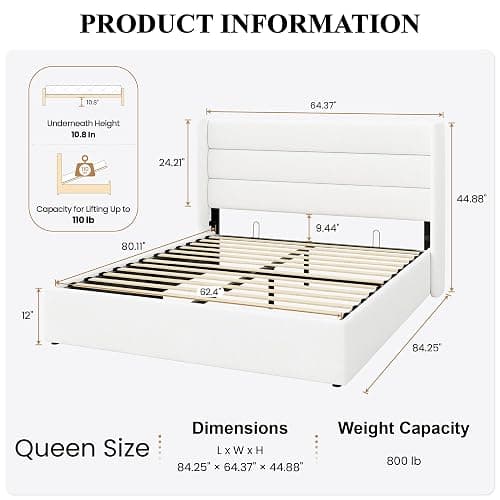 SHA CERLIN Queen Size Lift Up Storage Bed/Velvet Upholstered/Modern Wingback Headboard/Upholstered Platform Bed Frame/Hydraulic Storage/No Box Spring Needed/White thumbnail 2