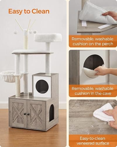 Feandrea Cat Tree with Litter Box Enclosure, 2-in-1 Modern Cat Tower, 55.1-Inch Cat Condo with Scratching Posts, Removable Pompom Sticks, Greige UPCT113G01 thumbnail 5