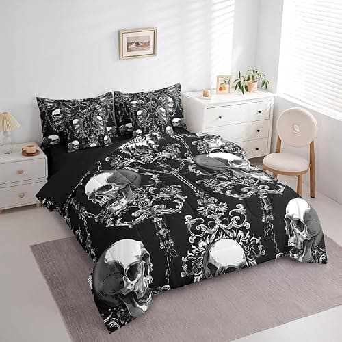Erosebridal Damask Sugar Skull King Bed in A Bag 7 Piece Gothic Skull Pattern Comforter Set with Sheets Halloween Goth Skeleton Bedding Sets for Kids Adults,Bohemian Style Bed Set thumbnail 3