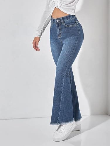 WDIRARA Women's Petite High Waisted Raw Hem Flared Jeans Stretchy Bell Bottom Denim Pants thumbnail 5
