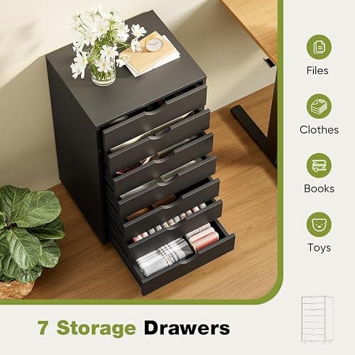 Sweetcrispy 7 Drawer Chest Mobile Storage Cabinets Wooden Dresser with Wheels Room Organization Furniture for Office Home, Black Wood thumbnail 5