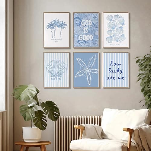 Kabcod 6Pcs Blue Coastal Wall Art,Beach Preppy Poster,Coastal Granddaughter Canvas Prints,Aesthetic Beachy Picture,Coast Ocean Shell Artwork,for Girls Girly Dorm Home Decor 8x10x6 Inch Unframed thumbnail 2