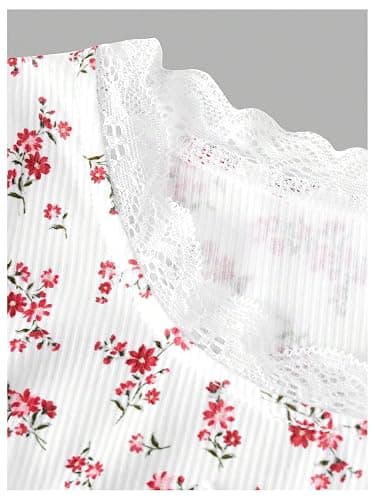 RoseSeek Girl's Ditsy Floral Print Lace T Shirt Short Sleeve Ribbed Ruched Cute Tee Shirts Summer Tops thumbnail 3