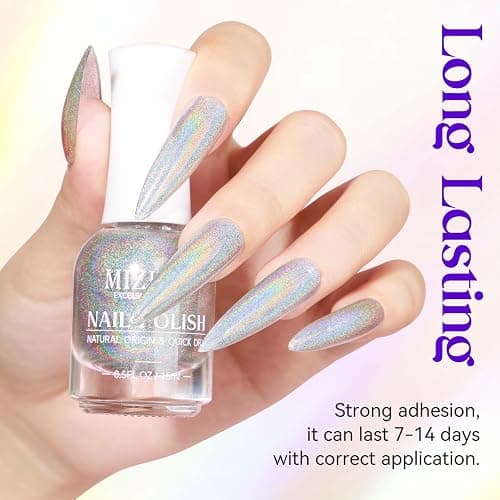 MIZHSE Holographic Nail Polish, Silver Glitter Nail Polish Air Dry Fast, 15 ml 0.5 fl oz High Glossy Shiny Nail Pigment Oil-based Laser Iridescent Nail Lacquer Chrome Halo Nail Art Salon Manicure Home thumbnail 5