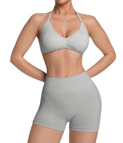 Comper 2 Piece Workout Sets for Women Halter Strappy Sports Bra with Seamless Ribbed Gym Yoga shorts Outfits - Image 1