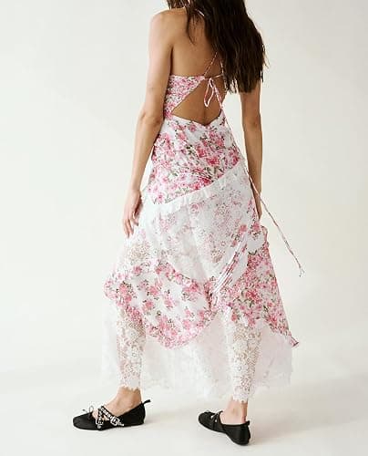 Women Spaghetti Strap Boho Maxi Dress Lace Patchwork Vacation Long Dress Summer Smocked Flowy Beach Sundresses thumbnail 5
