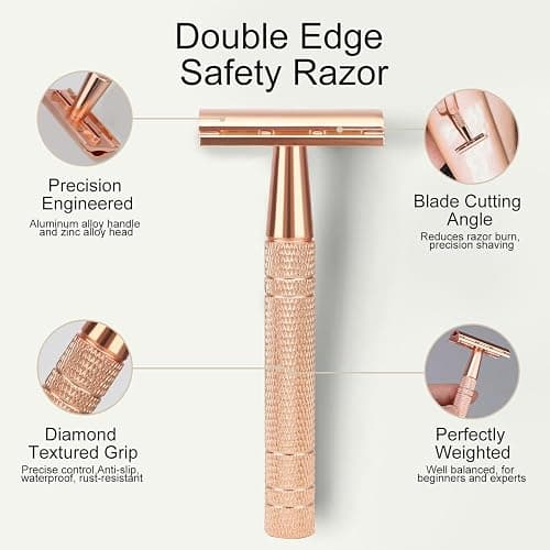 Matte Rose Gold Safety Razor, Single Blade Razors for Women, Reusable Metal Razor, with 10 Stainless Steel Double Edge Blades, Eco-friendly, Smooth & Close Shave, Plastic Free thumbnail 4