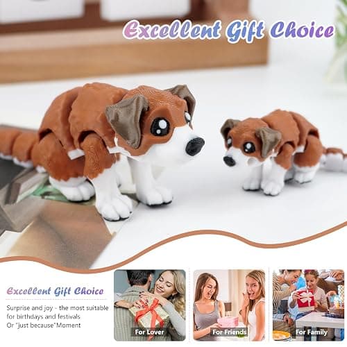 Waaaandefu 3D Printed Flexi Dog Set – Articulated Desk Figure 5.2 in with Mini Puppy Keychain 3.5 in, Gold & Spare Silver Ring, Poseable Collectible thumbnail 6