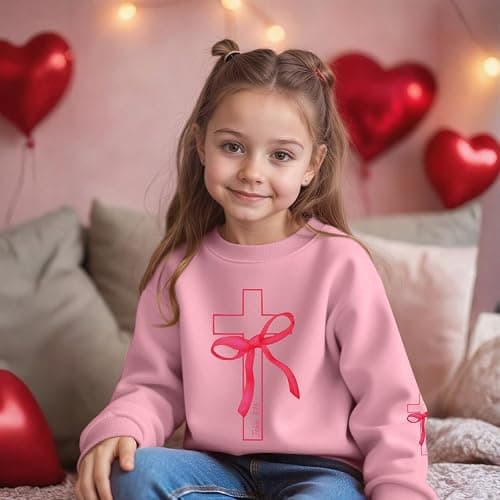 Lubpow Girls Christian Sweatshirt Kids Cute Pink Bow Sweatshirts Teens Aesthetic Cross Graphic Long Sleeve Shirt Pullover Top thumbnail 5