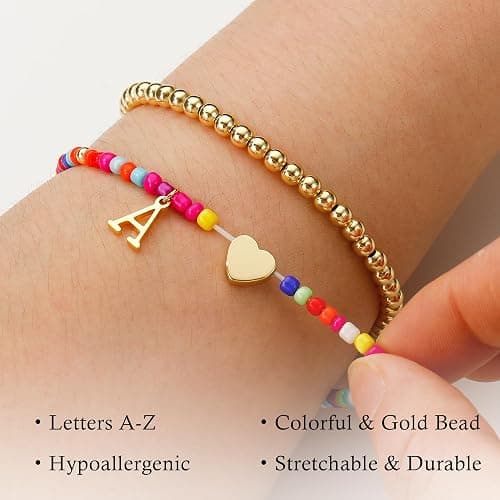 Ritach Colorful Initial Bracelets for Girls Women - 2PCS Real Gold Plated Stretchable Beaded Bracelets Boho Stackable Cute Heart Initial Bracelets for Girls Kids Teen Girl Gifts Birthday Gifts thumbnail 6
