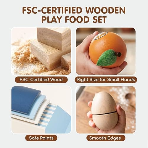 Lehoo Castle Wooden Play Food Set - Montessori Cutting Fruit Egg Bread, Pretend Breakfast Food Toys for Kids Kitchen, Educational Toddler Toys 3-5 Years, with Storage Bag, Birthday Gift for Boys Girls thumbnail 6