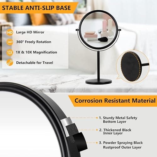 ALHAKIN 10x Magnifying Makeup Mirror, 8 Inch Tabletop Mirror Double Sided with Magnification, Swivel Make Up Mirror for Bathroom, Black thumbnail 5