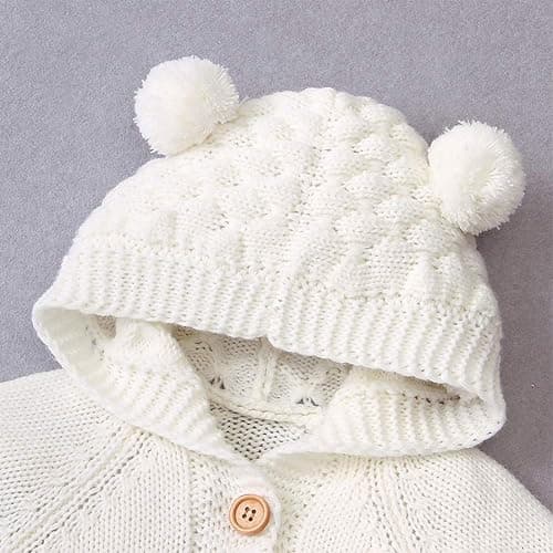 Odizli Neugeborene Baby Mädchen Jungen Kleidung Langarm Gestrickt Kapuze Strampler Body Herbst Winter Babykleidung - 0-6 Monate - Weiß thumbnail 4