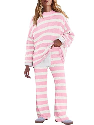 LAMISSCHE Oversized Womens Lounge Set Striped Sweater Set Long Sleeve 2 Piece Pajama Set Top and Pants with Pockets - Image 1