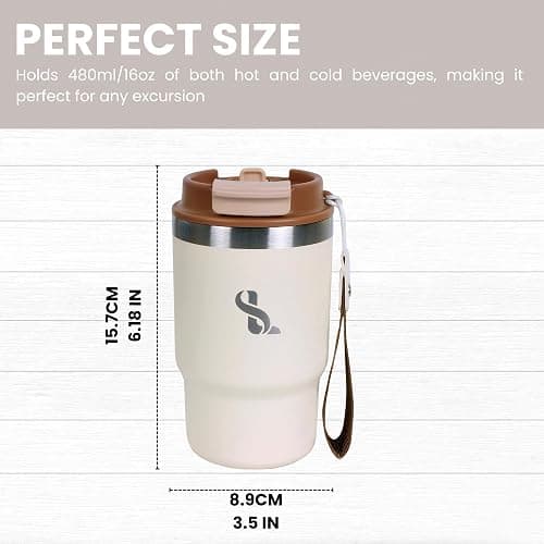 SimplyLivin Insulated Coffee Cup Travel Mug 480ml 16oz | Tumbler Flask with Straw & Spout Lid | Leakproof | 8H Hot 12H Cold | Reusable Coffee Cup | Stainless Steel Tumbler | Gift | Classic Beige thumbnail 3