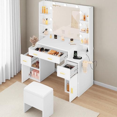DWVO Makeup Vanity Set with Mirror & 3-Mode Lights, Vanity Desk with Storage Stool, Power Outlet, Shelves, Drawers & Hair Tool Holder, Dressing Table for Apartment Dorm Guest Room, White thumbnail 4
