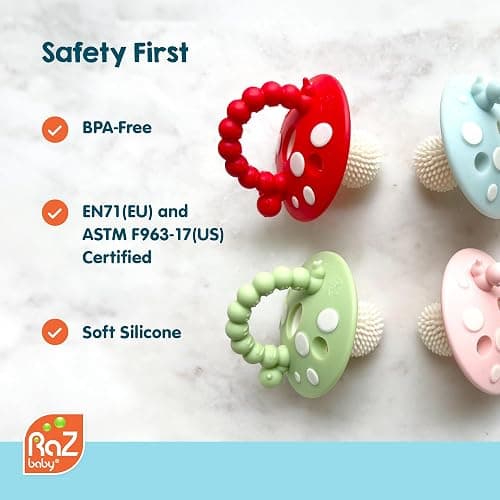 RaZbaby Soft Silicone Infant & Baby 3M+ Teether Toy Massaging Bristles Teething Relief Pacifier - Soothes Sore Gums - Hands-Free & Easy-to-Hold Chompy Teether, BPA Free (RED/Green) thumbnail 6