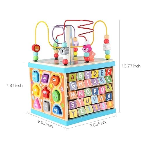 Qilay Wooden Activity Cube for Toddlers 1-3 (Large), 5 in 1 Multipurpose ABC-123 Abacus Bead Maze Shape Sorter | Early Educational Toy for Toddlers - First Birthday Present for Boys Girls thumbnail 3
