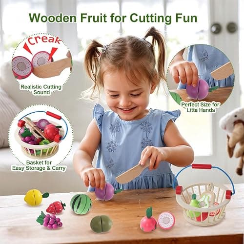 Smartwo Frutta da Tagliare in Legno Con Cesto - Accessori Cucina Giocattolo per Bambini, Verdura e Cibo Finto - Regalo Educativo per 3+ Anni thumbnail 4