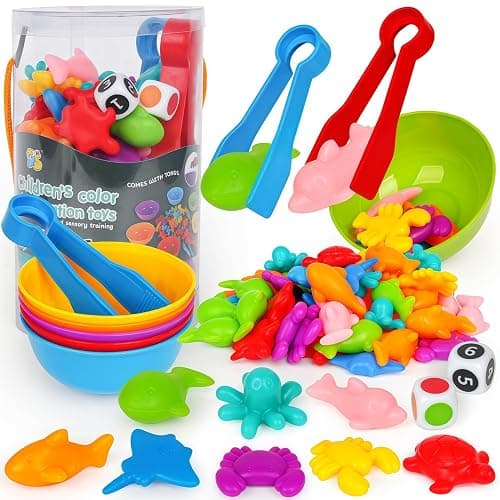 Sorting Colors Sea Animals Counting Toys with Matching Sorting Cups and Game Dices, Color Classification and Sensory Training Preschool Educational Learning Toys for Toddlers Kids Girls Boys Ages 3+ - Image 1