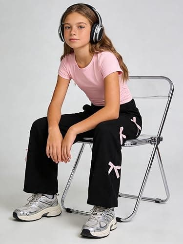 Kxuryueo Tween Girls Clothes Short Sleeve Tops and Bowknot Wide Leg Sweatpants Casual Trendy Outfit for Teen Size 7-14 thumbnail 7