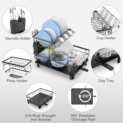 DMTXCRP Dish Drying Rack, Large 2 Tier Stainless Steel Dish Rack for Kitchen Counter with a Drainboard, Cutlery, Cup Holder, Kitchen Organizers and Storage Rack, 17" L x 13" W, Black thumbnail 6
