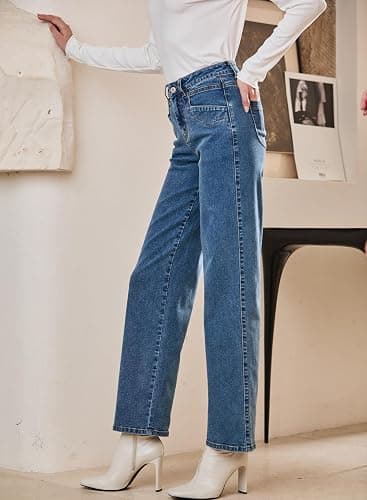 Sidefeel Women's Straight Leg Jeans High Waisted Petite Stretchy Jeans Zimbaplatinum Wide Leg Ankle Denim Pants with Pockets thumbnail 5