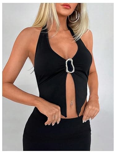 SOLY HUX Women's Halter Top V Neck Sleeveless Split Hem Backless Y2k Crop Tank Tops thumbnail 4