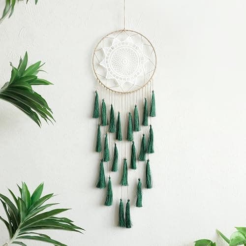 Artilady Macrame Dream Catchers for Bedroom - Tassel Wall Hanging Handmade Dreamcatchers Home Decor with Tassel Feather Ornament Craft Blessing Gift (Dark Green) - Image 1