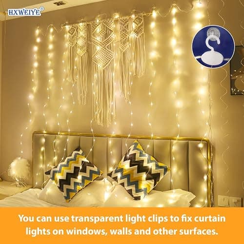 HXWEIYE 300LED Fairy Curtain Lights, 9.8x9.8Ft USB, Remote, Tangle-Free | 8 Modes & Timer, Dimmable, Christmas String Hanging Lights for Bedroom, Wedding Backdrop and Indoor Wall Decor, Warm White thumbnail 3