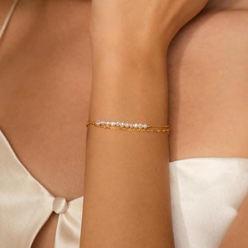 SLOONG Gold Bracelets for Women Trendy, 14K Real Gold Plated Dainty Stackable Pearl Snake Chain CZ Heart Pendant Bracelets, Layered Waterproof Jewelry Gift for Women Adjustable 6"+2" thumbnail 3