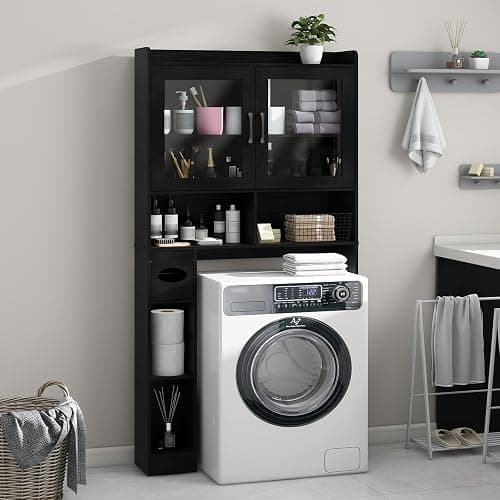 Vabches Over-The-Toilet Storage Cabinet, Farmhouse Style with 2 Acrylic Waves Doors, Space-Saving Home Storage Rack for Restroom, Bathroom and Laundry Room.Black. thumbnail 4