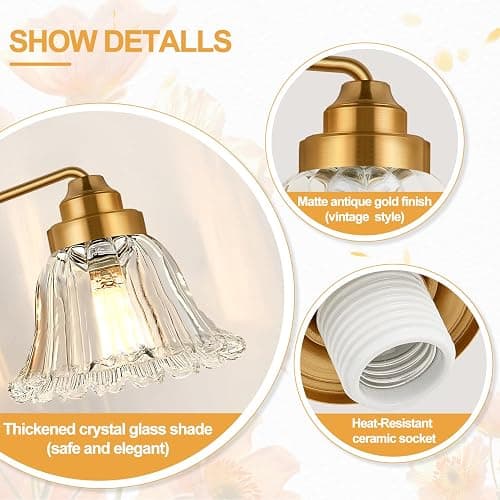 Meybiok Vintage Bathroom Light Fixtures, 3-Light Gold Vanity Light for Bathroom with Clear Flower Glass Shades, Vanity Lighting Fixtures Over Mirror (Exclude Bulb) thumbnail 8