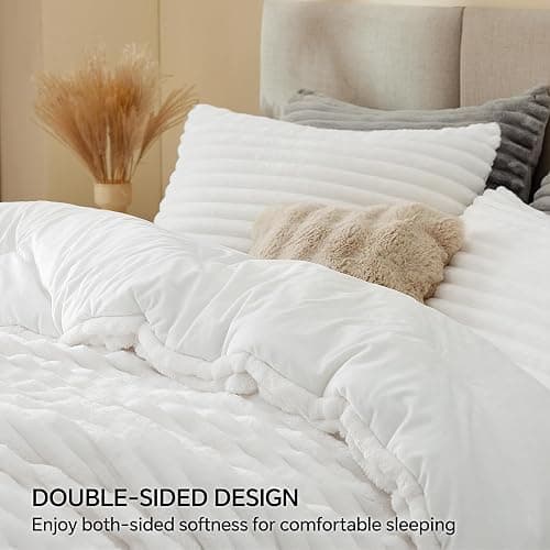 BEDELITE Fleece Queen Comforter Set -Super Soft & Warm Fluffy Bright White Bedding, Luxury Fuzzy Heavy Bed Set for Winter with 2 Pillow Cases thumbnail 4